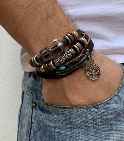 Pulseira Masculina Âncora + Árvore da vida de Couro Ajustável